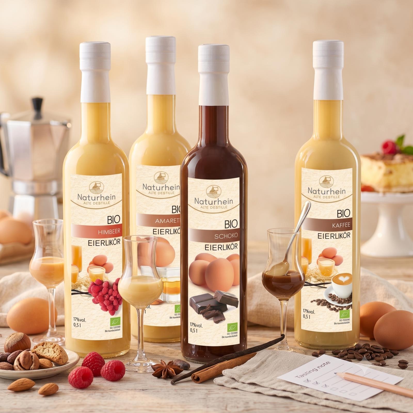 Bio Eierlikör Probierset 4x500ml Himbeere Amaretto Kakao Kaffee