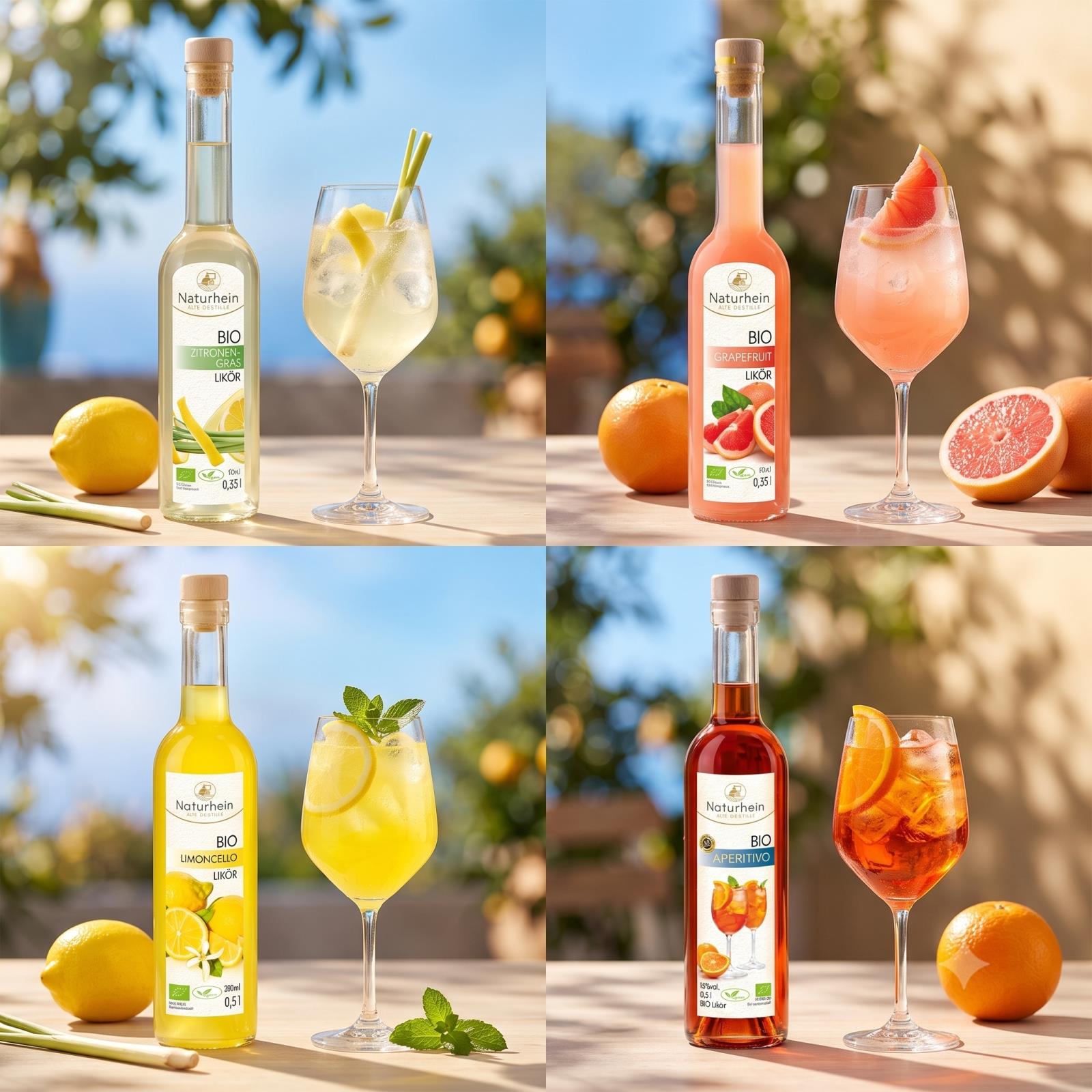 Bio Spritz-Set 4 Sorten Likör – Aperitivo, Limoncello, Zitronengras & Grapefruit | Sommer Tasting Set